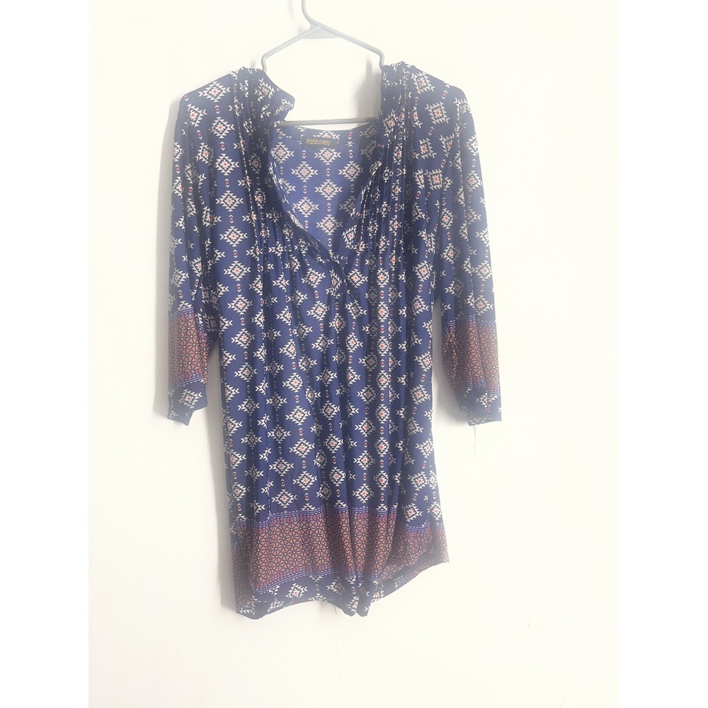 Reborn J Navy Blue Geometric Tribal Print Boho Tunic Top Pleated Front Size M